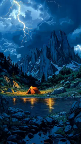 Nature’s Chaos, My Peace ⛰️🌩️⛺️✨ #campinglife #landscapeart #aiartwork #thunderstorm #mountain #livewallpaper #naturetok #peacefulvibes #naturelove   #calmingvibes #lakeside #wilderness #digitalartist 