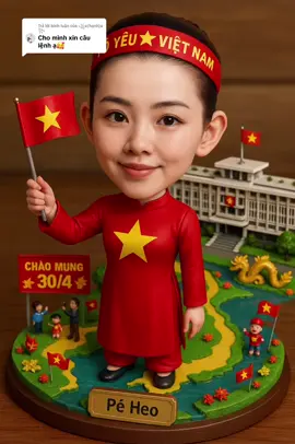 Trả lời @꧁♛(hạnh)♛꧂  Câu lệnh đây nhé.                                                   Tạo một mô hình tượng mini biếm hoạ siêu thực, mô phỏng chân dung chính xác gương mặt của người trong ảnh. Nhân vật chính: Là chân dung siêu thực của người trong ảnh gốc, giữ đúng đường nét khuôn mặt, kiểu tóc, và biểu cảm nhẹ nhàng – tự nhiên – thân thiện. Thiết kế theo tỷ lệ đầu to – thân nhỏ (bobblehead style), phong cách như mô hình đồ chơi sưu tầm cao cấp. Trang phục thể hiện tinh thần dân tộc và ngày lễ 30/4: Nếu là nữ: mặc áo dài đỏ, ngực có ngôi sao vàng. Nếu là nam: mặc áo thun cờ đỏ sao vàng. Tay cầm lá cờ Việt Nam, giơ lên tự hào. Trên đầu có thể đeo băng đô “Tôi yêu Việt Nam” hoặc khăn rằn Nam Bộ, tăng không khí lễ hội. Bệ mô hình và bối cảnh phía sau: Nhân vật đứng trên nền mô hình thu nhỏ bản đồ Việt Nam, thiết kế nhiều tầng, màu sắc rực rỡ, sinh động. Phía sau là mô hình Dinh Độc Lập (TP.HCM) với chi tiết kiến trúc đặc trưng: hàng cột, bậc tam cấp, cờ bay trên nóc, cây xanh và kênh nước mini. Xung quanh có thêm các chi tiết phụ làm tăng sinh động: Người dân mini vẫy cờ, chụp ảnh, em bé cầm cờ. Biểu ngữ: “Chào mừng 30/4” Trang trí: rồng vàng, hoa, cờ đỏ sao vàng nhỏ. Bảng tên mini phía trước: Gắn một bảng tên hình chữ nhật trước chân mô hình. Nội dung gồm: [VĂN] [REVIEW] Bố cục & ánh sáng: Góc chụp từ trên xuống nhẹ, bao quát toàn cảnh mô hình. Đặt mô hình trên mặt bàn hoặc sàn gỗ thật, ánh sáng ấm áp, chi tiết rõ nét. Chất liệu mô hình thể hiện phong cách thủ công cao cấp, cảm giác vui tươi – gần gũi – trang trọng, đúng tinh thần ngày lễ lịch sử.