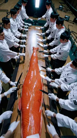 100 Chefs and One Giant Salmon A massive, vibrant orange salmon—larger than a person—lies stretched out across the table. Around a hundred Japanese chefs stand in perfect formation, silently beginning the delicate work of slicing. Their movements are restrained, their blades firm yet gentle. Under the light, the salmon’s glistening flesh, the precise flow of hands, and the camera weaving between them all come together. 🍣 At this moment, we are witnessing the artistry and tradition of masterful craftsmanship. #salmonrecipe #salmonfishing #IB #italianbrainrot #tralalerotralala