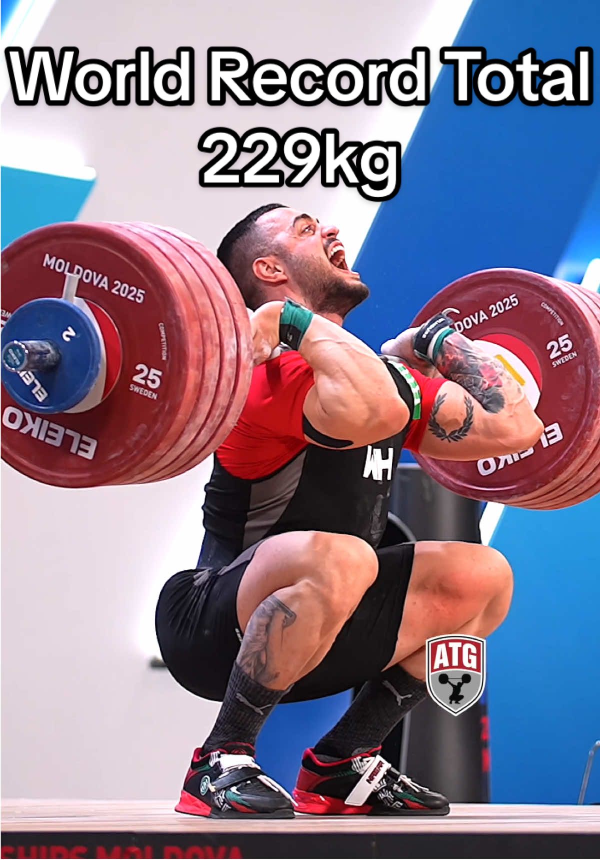 World Tecord Total! 20 year old Karlos Nasar (96kg Bulgaria) 229kg / 505lbs C&J for a World Record Total at the 2025 European Weightlifting Championships. This was his intl. debut in in this category. #weightlifting #slowmotion 