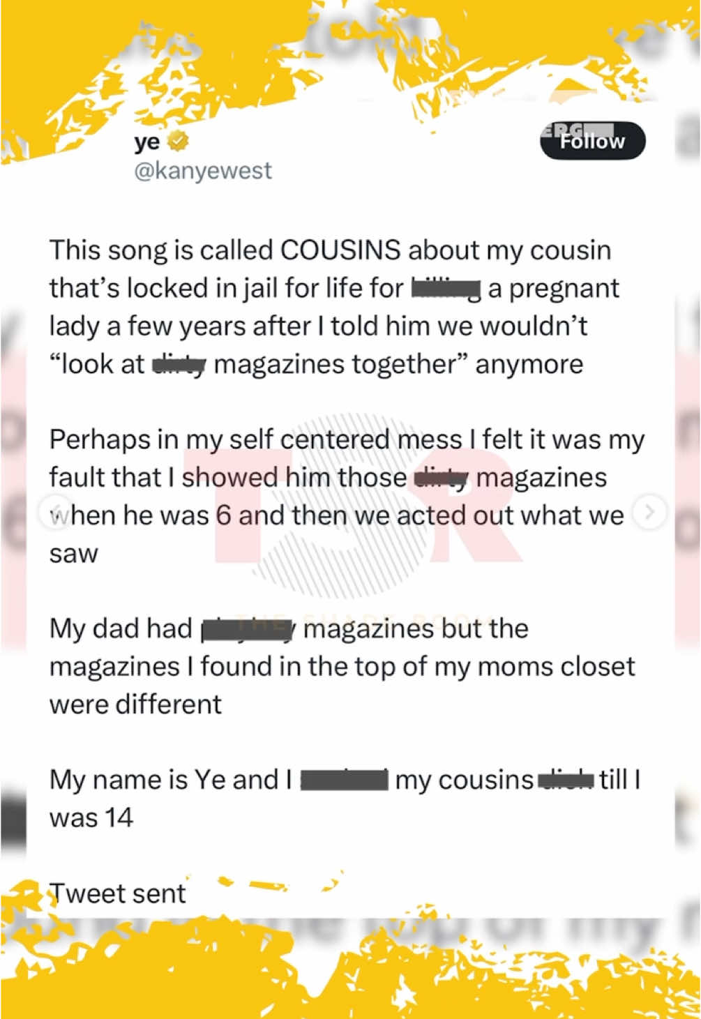 #Ye sends out shocking tweet speaking about allegedly engaging in sexual acts with his cousin when they were younger.  #EbrointheMorning #FlashingLights