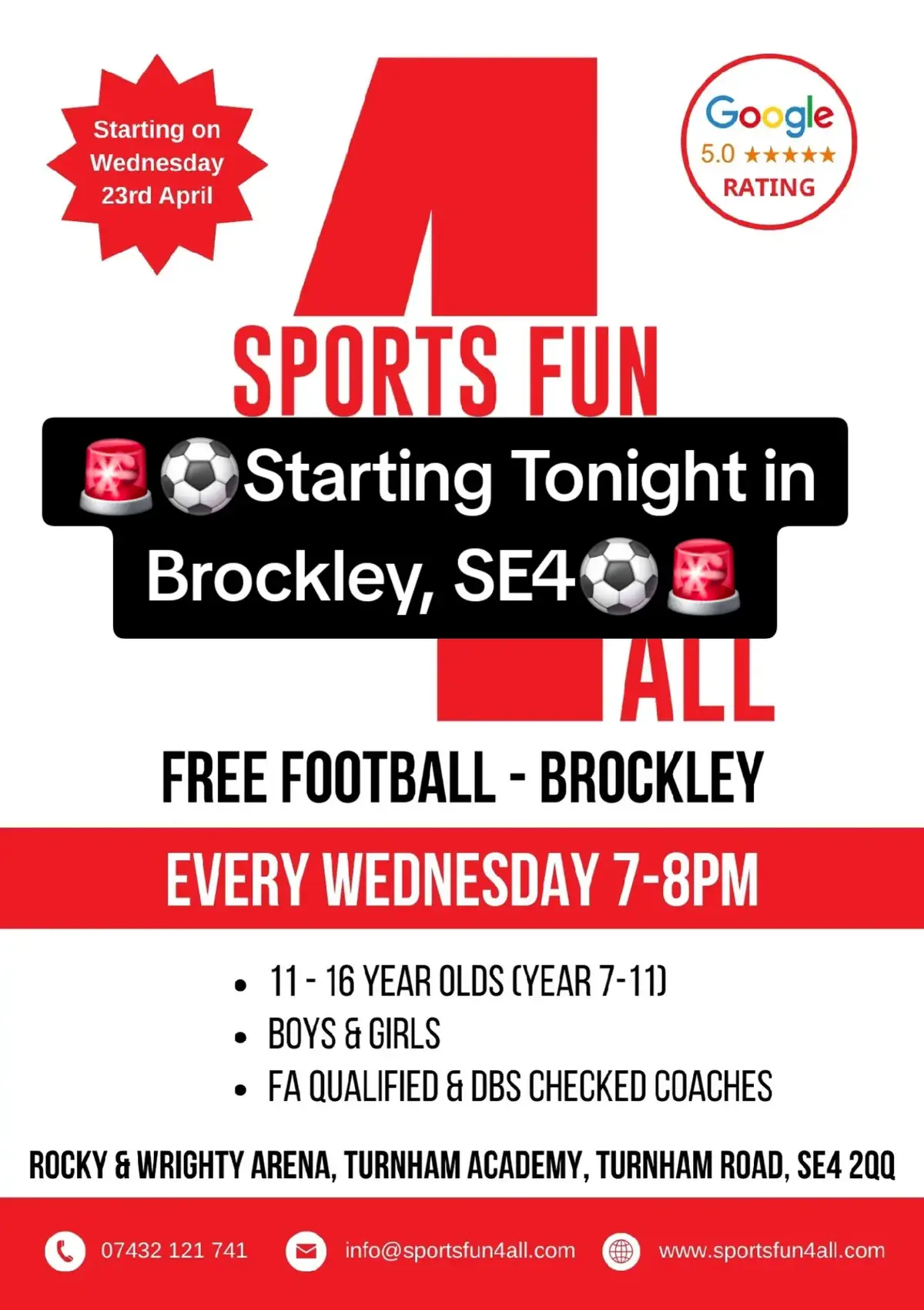 🚨Starting Wednesday 23rd April @ The Rocky & Wrighty Arena, Turnham Academy, SE4 2QQ🚨 ⚽️ FREE Weekly Football Session 📅 Wednesday  🕑 7-8pm ✅️ Year 7-11 🏃‍♀️🏃‍♂️Boys & Girls #Bellingham #Catford #CrystalPalace #Deptford #Downham #HitherGreen #Brockley #ElephantAndCastle #Eltham #Mottingham #Kidbrooke #Peckham #BurgessPark #OldKentRoad #Kennington #YoungPeople #FreeFootball #youthwork
