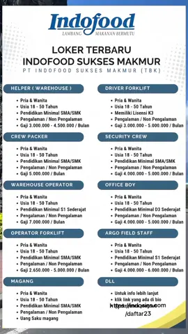 yuk daftarkan diri anda sekarang juga link di bio profil #fyp #loker #indofood #terbaru #2025 #foryoupage #lewatberanda #views #job #viral #indonesia 