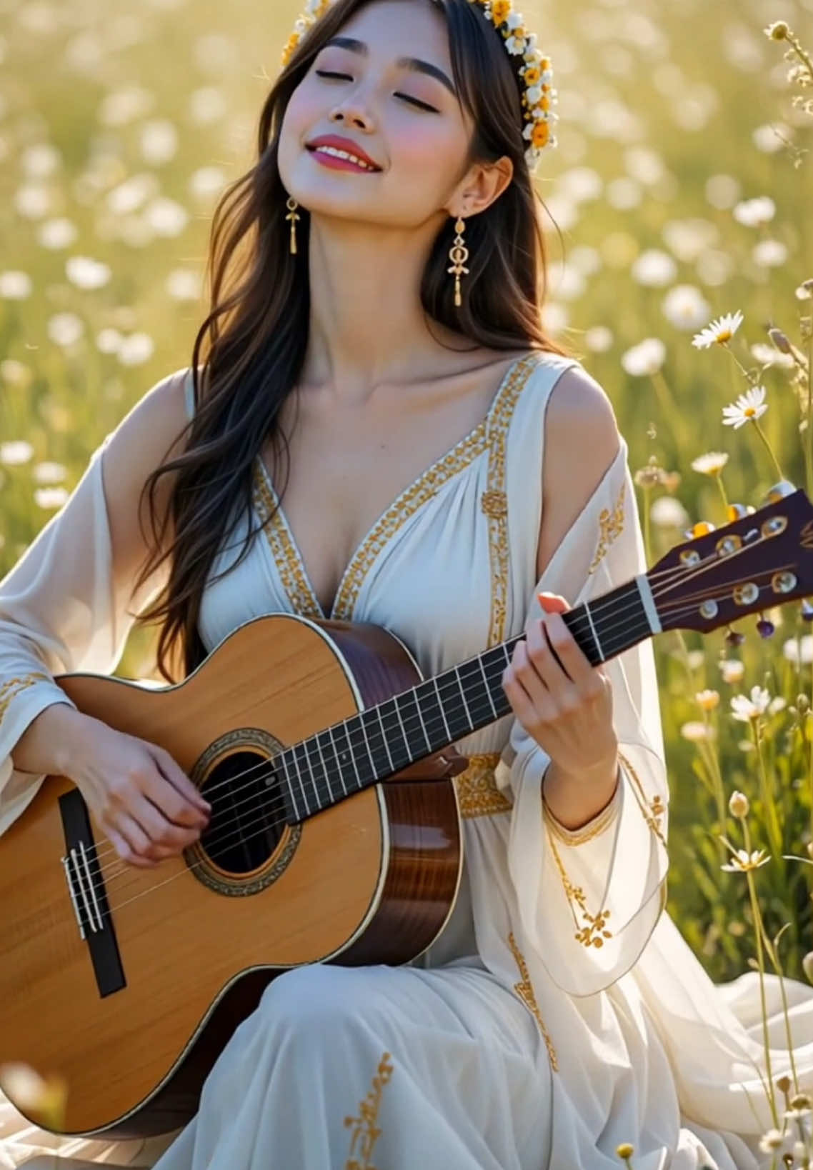 Nàng ngồi giữa biển hoa, khẽ nghiêng vai ôm đàn… nụ cười nhẹ hơn gió chiều nhưng đủ làm cả mùa hè say đắm. #acousticbeauty #nangtho #guitar #nhacxua #hoatauguitar #vietnammusicgirl #sunrisemagic 
