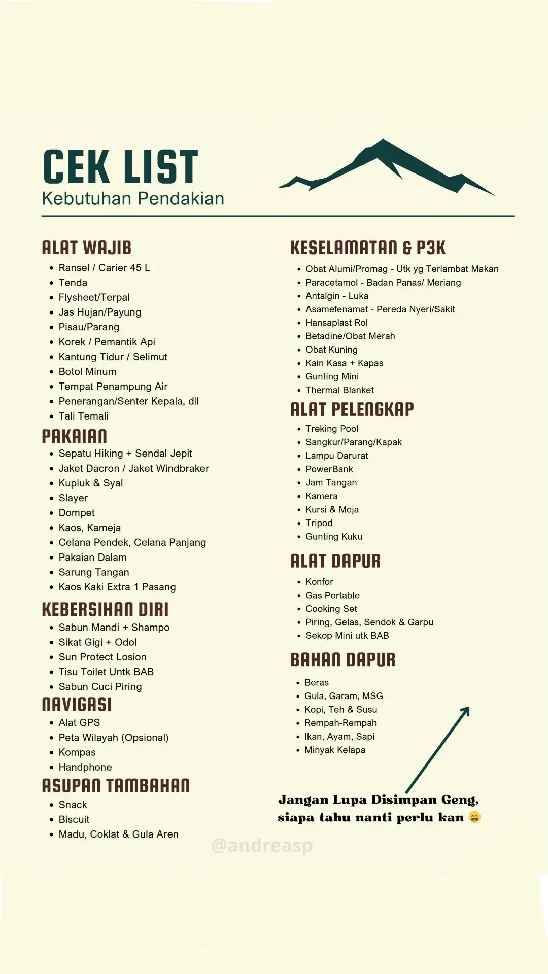 Ijin kakak sekedar berbagi untuk memudahkan persiapan mendakinya ini saya kasi listnya.  semoga membantu🙏💪 mungkin masih ada yang kelupaan di tulis, namanya juga manusia, bukan nabi boy😅 tapi selebihnya seperti ini kok listnya.  #pendakigunung #pendakipemula #edukasitiktok 
