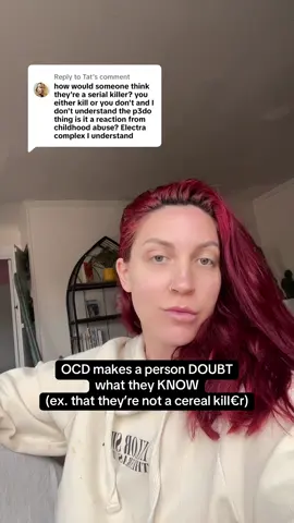 Replying to @Tat OCD leads people to doubt what they know about themselves. It’s not that the person doesn’t know whether or not they’re a cereal kiIIa. They *know* that they’re not and start to erroneously doubt that knowing because of unrelenting intrusive thoughts and images that are so opposite to their values, desires, beliefs, and self-concept. #ocd #obsessivecompulsivedisorder 