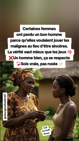 Certaines femmes ont perdu un bon homme parce qu’elles voulaient jouer les malignes au lieu d’être sincères. La vérité vaut mieux que les jeux 🧠❌Un homme bien, ça se respecte ❤️‍🩹Sois vraie, pas rusée ✨ #motivation #sagesse #conseil #citation #pourtoii 
