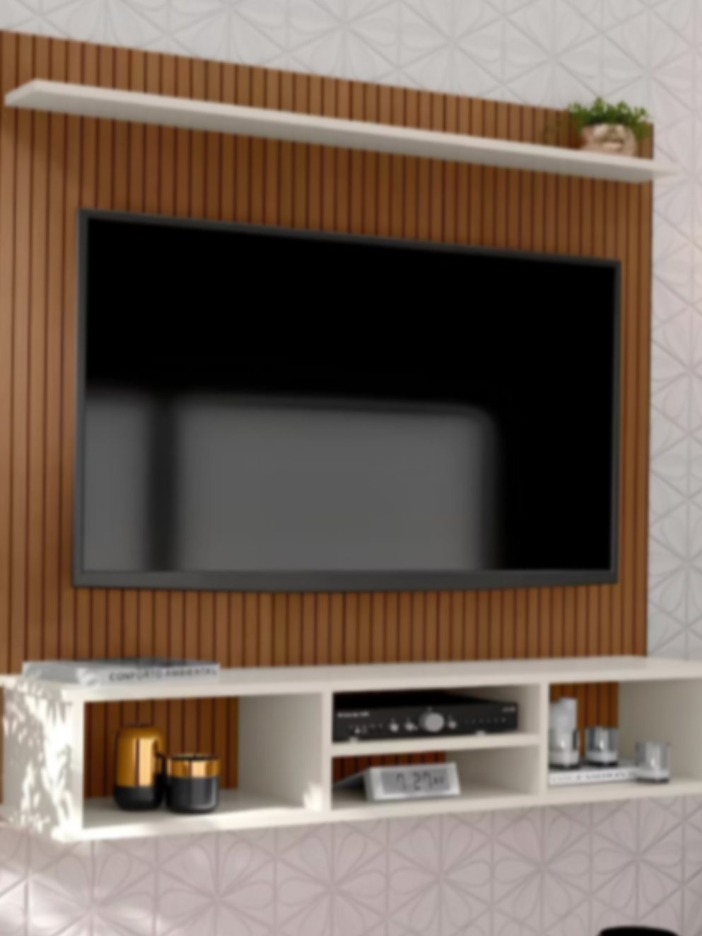 Painel Ripado para TV até 50 Polegadas com Nicho e Prateleira Ideal Sala Quarto Suporte Estante com 21% de desconto!  link nos comentários 👇🏼👇🏼