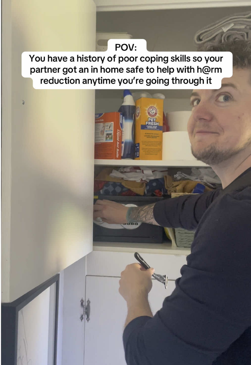 Last year I went through a really dark period and that’s when he bought the safe because I kept having big temptations to go back to old behaviors and it was easier to just have anything we could think of out of sight. While my b!polar disorder is well managed, it’s not cured and you never know. A couple nights ago I had a panic attack and we agreed that in heightened moments it would be a good time to use this safe. So when I went to shower today and couldn’t find the razor, this is what that looked like lol. 