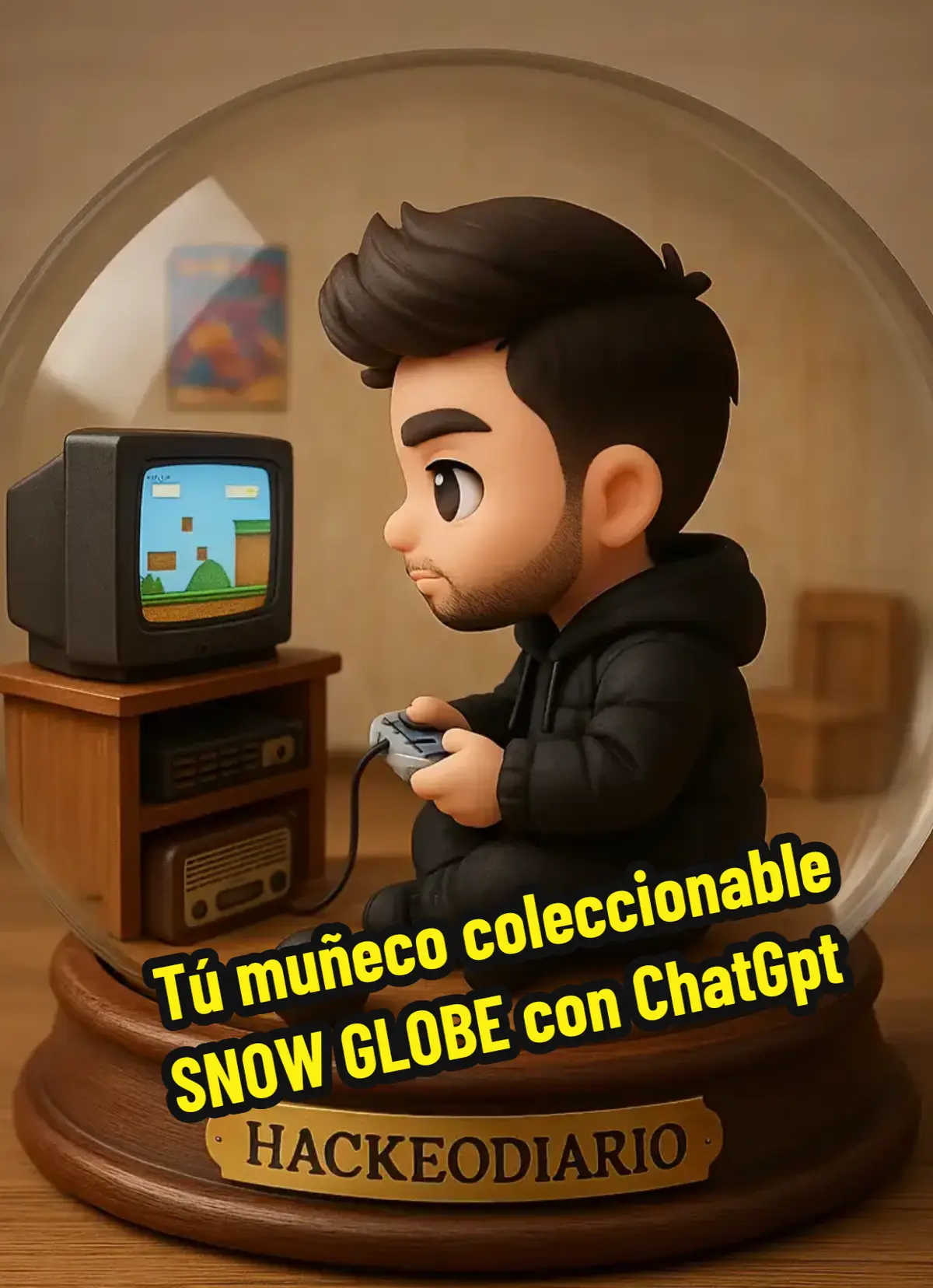 1 - Abre ChatGpt 2 - Sube tu foto 3 - Añade este Prompt 👇: Genera una imagen de un muñeco basado en la persona de la imagen que te envío, estilo Chibi, todo ello dentro de una bola de cristal con una base de madera, en la base pone HACKEODIARIO. El muñeco está sentado en la base de madera, situado de perfil, está jugando a una consola retro, entre sus manos sostiene el mando. En frente suya está la mesita con la televisión de los años 90, donde se ve un videojuego retro. Abajo en el suelo delante de la mesa donde se sitúa la tele coloca una radio vintage. En el suelo al lado del muñeco coloca una bola 8 mágica. La escena se desarrolla en una habitación de los años 90. Coloca la bola de cristal encima de una mesa de madera dándole volumen 3D a la bola de nieve, y mantén los rasgos del muñeco estilo Chibi. #chatgpt #ai #ia #prompt @chatgpt 