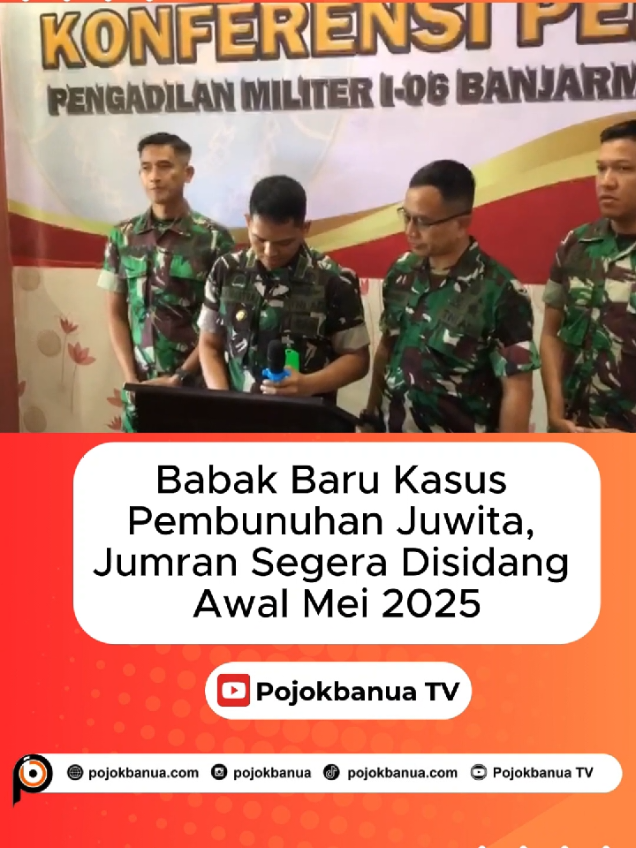 Babak Baru Kasus Pembunuhan Juwita, Jumran Segera Disidang Awal Mei 2025 POJOKBANUA, BANJARBARU – Kasus pembunuhan jurnalis asal Banjarbaru, Juwita segera memasuki babak baru. Oditur Militer III-15 Banjarmasin melimpahkan berkas perkara dengan tersangka anggota TNI Angkatan Laut (AL), Kelasi Satu Jumran ke Pengadilan Militer I-06 Banjarmasin di Banjarbaru, Jumat (25/4/2025). Juru Bicara Pengadilan Militer I-06 Banjarmasin, Mayor Chk Ghesa Khiastra membenarkan kabar tersebut. Pihaknya menerima pelimpahan berkas perkara dengan nomor L/10/IV/2025. .....selengkapnya di pojokbanua.com Editor: Yuliandri Kusuma Wardani Reporter: Fikri Noor Video Editor: Riyadi