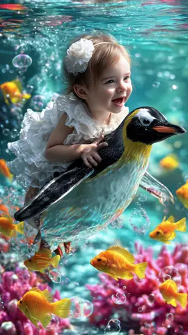 Happy Baby swimming with penguin….. #fyp #baby #cute #funny #Love #happy #ai #aivideo #trending #viralvideo 