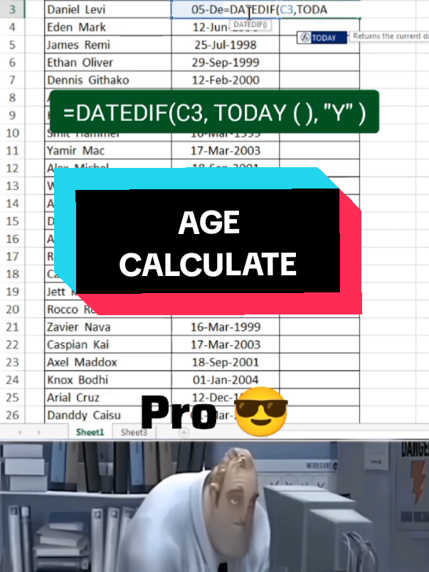 Calculate Age in Excel🤯 📩 Don't Forget to save this video ✅ #exceltricks #exceltips #excelforbeginners #microsoft #excelhacks #excelshortcut #excelfunctions #excelformulas @CheatSheets @exceldictionary 