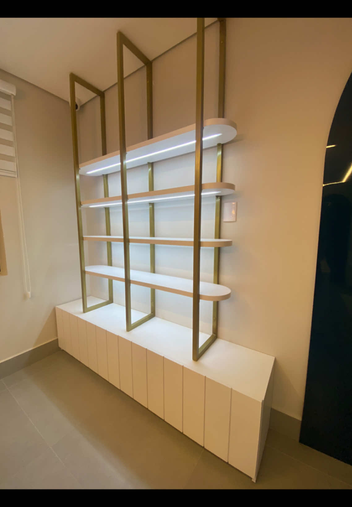 Armário lindo com prateleiras oval com leds, em metalon.  Para uma loja de perfumes Importados. ✨ @smmoveisplanejadossbo concretizando sonhos✨✨ #moveisplanejados #loja 