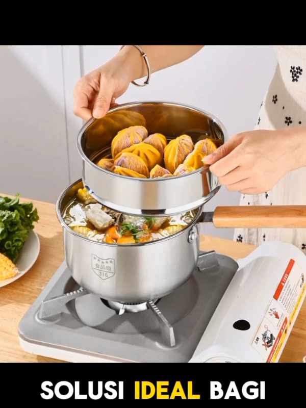 Panci Kukusan Steam Pot Panci Kukus Set 2 Susun 16/18/20CM Full Stainless Steel +Tutup Kaca ✨#pancikukus #panciset #panci2susun 