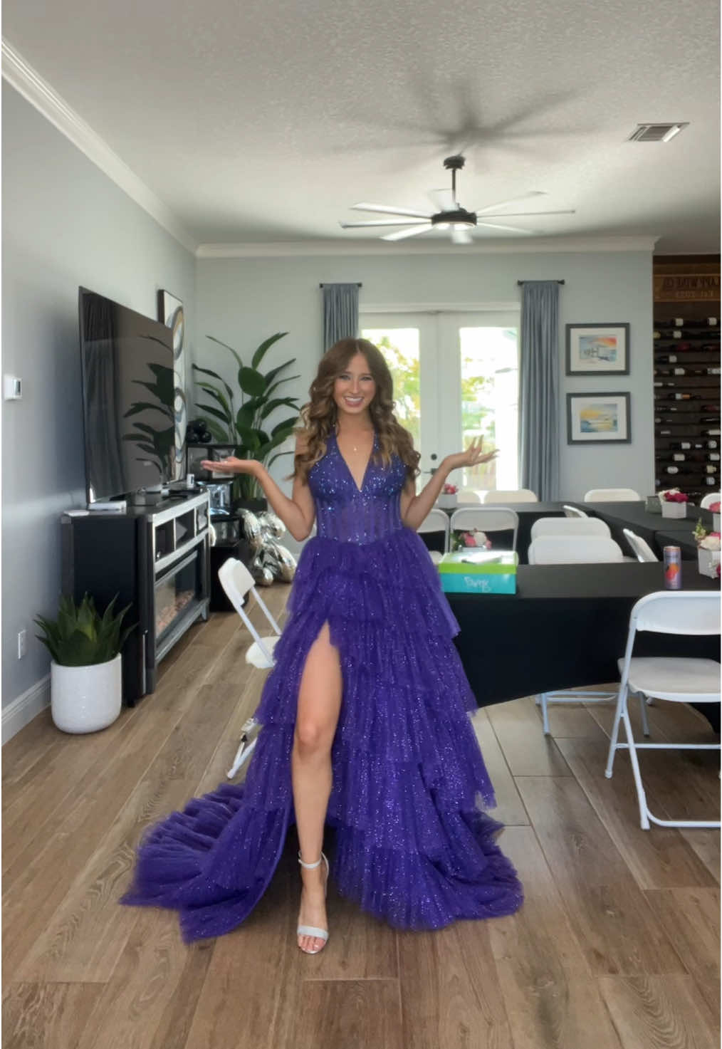 prom dress reveal💜🪩 #fyp #viral #purplepromdress #purple #prom #viraldress #beauty #makeup 