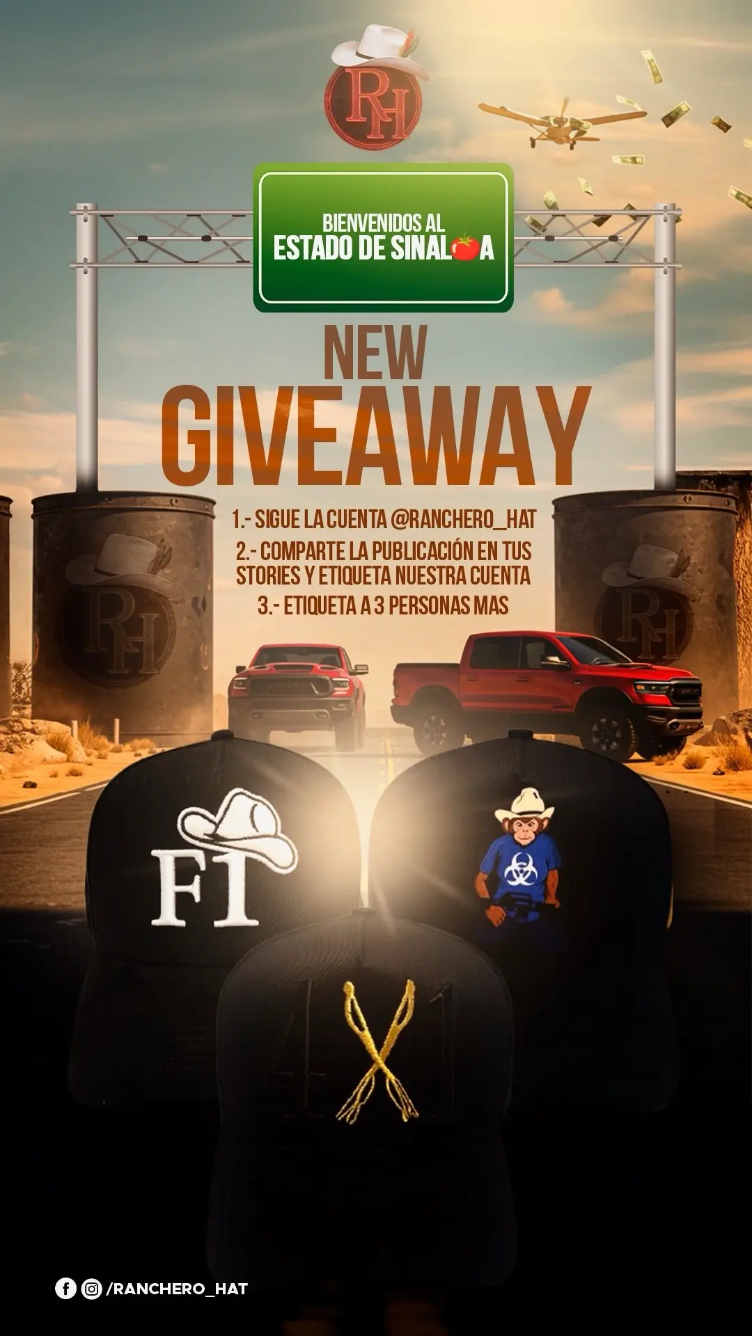 sigan al viejon@RANCHERO HATS esta rifando 3 gorras 🧢 gratis serán 3 ganadores para que lo sigan en el Instagram