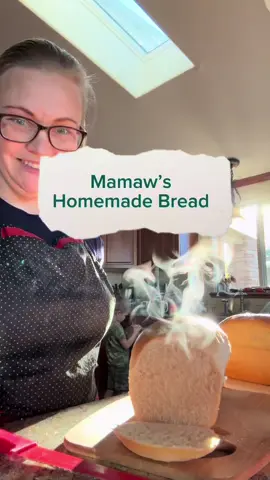My momma taught me how to bake this bread and I’ll teach you! ♥️ Homemade bread made with no eggs, no milk, no butter. Delicious and thrifty!!! 🍞 Mamaw's Homemade Bread Ingredients: 3 cups lukewarm water 2 tsps sugar or honey 2 tsp salt 2 tsp active dry or instant yeast 3 tbsp olive oil 6-8 cups all purpose flour, and more as needed to make a smooth dough Directions: In a large bowl put the water, sugar, and salt. Sprinkle the yeast on top. Add the oil and stir in 5 cups of flour until it becomes too hard to stir. Now it's time to knead! Flour your hands to help prevent the dough from sticking to them and continue adding the rest of the flour and kneading until a smooth elastic dough is formed. Test the dough by taking a bit of dough and rolling it between your hands. If it's sticks to your fingers, add more flour. If it doesn't stick but becomes smooth and elastic, you have enough flour. Knead for about 8-10 minutes. Cover with a cloth and let rise for one hour or until doubled in size. Oil hands and punch down dough. Pull dough away from the side of the bowl and oil the bowl as you make your way around the bowl. Work dough together and flip leaving it smooth on top. Cover with a cloth and let rise until doubled, about an hour. Punch down the dough, divide it between two oiled loaf pans. Form the loaves and place in pans and cover with a cloth and let rise for 30 minutes or until doubled in size. Poke the loaf in a corner and if the indent springs back up then it needs to rise more, if it stays indented, it's ready to bake. Bake at 375 degrees on the middle oven rack for 30-35 minutes or until lightly browned on top and bottom. Remove bread from pans and let loaves cool on a cloth. Butter tops of warm loaves if desired. Yield: 2 loaves #bread #homemade #dough #bake #Recipe #homebaker #food #eat #recession