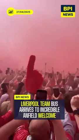Liverpool fans created incredible scenes as the team bus arrived at Anfield for the clash with Tottenham.  Red smoke, songs and huge crowds welcomed the players as they edge closer to a second Premier League title in five years. #Liverpool #Anfield