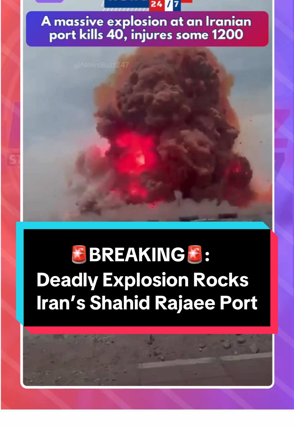 🚨 BREAKING: Explosion Rocks Iran’s Shahid Rajaee Port  On April 26, 2025, a massive explosion struck the Shahid Rajaee port near Bandar Abbas, Iran’s largest commercial hub. Officials report at least 40 people killed and over 1,200 injured. The blast, believed to have been caused by a fire involving hazardous chemicals like sodium perchlorate, caused widespread damage and was felt up to 50 kilometers away. Iranian President Masoud Pezeshkian has visited the site and ordered a full investigation. Emergency teams continue rescue efforts as port operations remain suspended, impacting the country’s trade flow. Authorities have ruled out sabotage, citing negligence as the probable cause. #BreakingNews #Iran #Explosion #BandarAbbas #PortExplosion #NewsUpdate #WorldNews #TrendingNow #ViralNews #FYP #FY #fypシ #NewsBuzz247