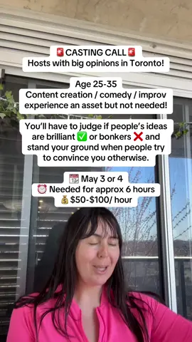 Looking for Opinionated Hosts age 25-35 in TORONTO, ON! 📍 Casting information below + on my SubStack. ⬇️🔗 💰Receive $50-$100 / hour!💰 📱👍🏼 Give your stamp of approval on app ideas 📱👎🏽 🚫No app making, coding, or technical skills are required for this role! 🚫 📅 Shooting 1 day in May! TBC: May 3rd or 4th, 2025 📅 *This is a non-union project!* FORMAT: This project will consist of branded short-form social media videos that are shot like “on the street” interviews. Participants will pitch their app idea to our host, who has the final say on whether the app is a good idea or not. HOSTS MUST:  - Be able to confidently agree or disagree on app ideas — no middle ground. - Be tapped into Gen-Z humour, trends, and intent culture - Be open minded and genuinely curious - Have a quick wit and be able to come up with questions, and quips on the fly - Have on camera experience. Ideally we are looking for someone with content creation and hosting experience. TO APPLY:  Please send an email to lindschris.casting@gmail.com with the following information:     •    Talent name: first & last     •    Agent / Representation:     •    Best contact to reach out to: email & phone     •    Social media (if applicable):     •    Link to specific hosting or “on the street” interview content (if applicable):     •    Reel / Website (if applicable):     •    Location:     •    Headshot     •    List of other relevant on camera experience (with links if possible). IF YOU HAVE NO EXISTING RELEVANT LINKS TO SEND ME: Please take a TikTok / on the street style video where you ask a friend or family member what their favourite food is, and show us how you would continue the conversation, then agree or disagree.  REFERENCE:  A great reference for the type of host we are looking  for is Kareem from @SubwayTakes! #Casting #CastingCall #CastingHosts #SocialCasting #HostCasting #torontocasting #torontoactors #torontocomedians #torontocreators 