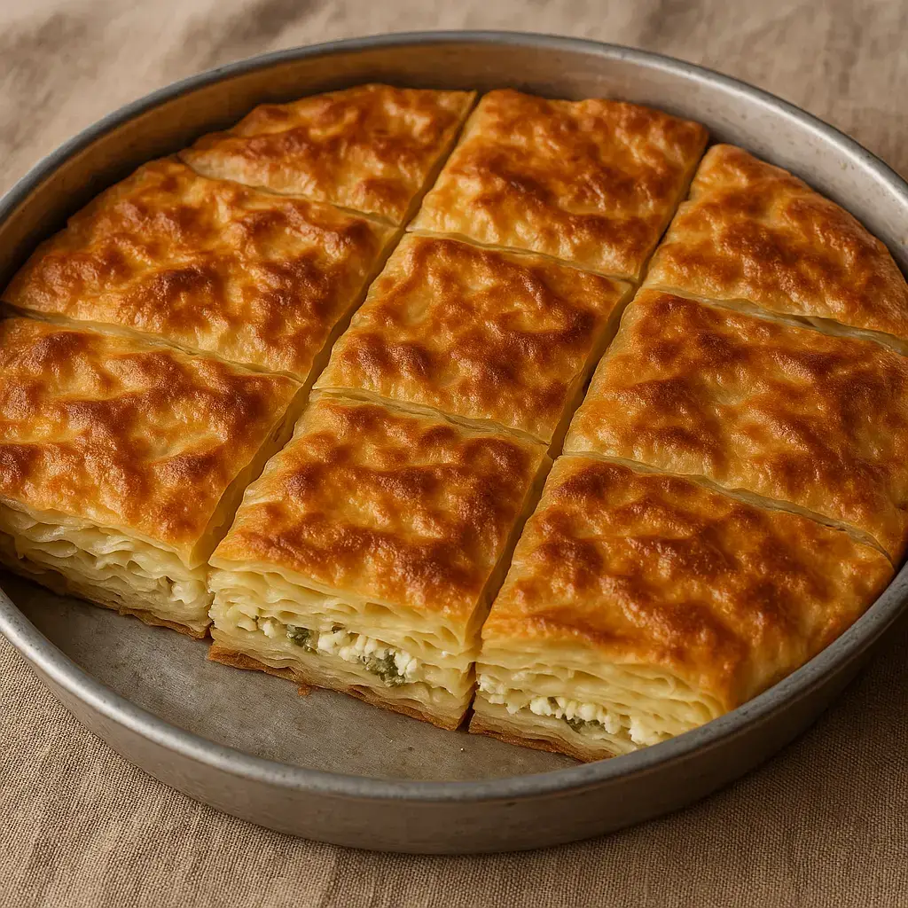 Malzemeler: Hamur için: 5 adet yumurta 1 tatlı kaşığı tuz Aldığı kadar un (yaklaşık 4-5 su bardağı) 1/2 çay bardağı su (gerekirse) Arası için: 250-300 gr beyaz peynir veya lor peyniri Birkaç dal maydanoz (ince doğranmış) Üzeri ve araları için: 100 gr tereyağı 1 çay bardağı sıvı yağ Hamurları haşlamak için: Büyük bir tencere dolusu kaynar su 1 tatlı kaşığı tuz Soğuk su dolu bir geniş kap Yapılışı: 1. Hamur: Yumurtaları geniş bir kaba kır, tuzu ekle, azar azar unu ilave ederek sertçe ama yoğurulabilir bir hamur yap. Gerekirse biraz su ekle. Hamuru 10 dakika yoğurup üstünü ört, 20-30 dakika dinlendir. 2. İç Harç: Peyniri ufala, maydanozla karıştır. 3. Hamuru Aç: Hamuru 10-12 bezeye böl. Her bezeyi nişasta veya un yardımıyla tepsi büyüklüğünde aç. 4. Hamuru Haşla: Geniş bir tencerede suyu kaynat, tuzu ekle. Açtığın yufkaları sırasıyla birkaç saniye kaynar suda haşla. Hemen soğuk su dolu kaba al, sonra suyunu süzdür. 5. Böreği Yap: Tepsiyi yağla. İlk yufkayı haşlamadan ser (taban için). Sonra haşlanmış yufkalardan birini ser, üzerine yağ gezdir. Bu şekilde 5-6 kat yap. Ortasına peynirli harcı eşit şekilde yay. Üstü için yine haşlanmış yufkalarla devam et, aralarına yağ sürmeyi unutma. En üst katı da haşlamadan ser. 6. Pişirme: Üzerine kalan yağı gezdir. Önceden ısıtılmış 180-190°C fırında altı üstü nar gibi kızarana kadar pişir (yaklaşık 40-45 dakika).