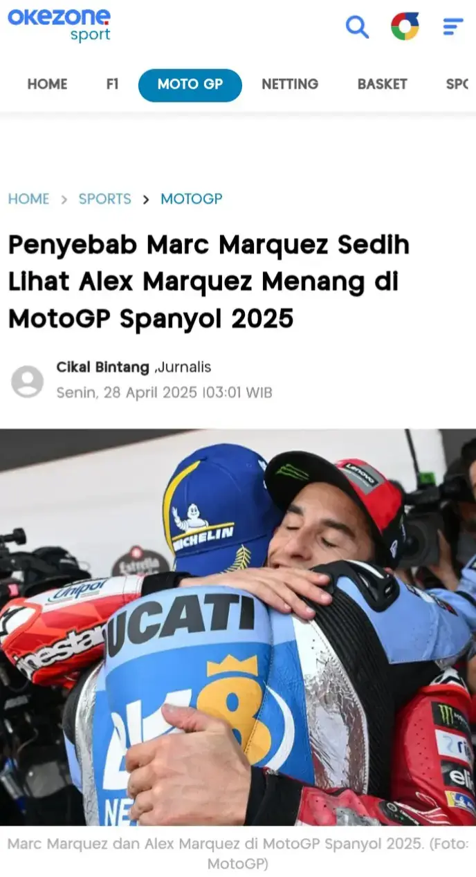 JEREZ – Pembalap Tim Ducati Lenovo, Marc Marquez sedih melihat Alex Marquez memenangkan MotoGP Spanyol 2025. Marquez sedih bukan karena tak senang Alex juara, melainkan karena tak bisa berdiri di podium yang begitu spesial untuk adiknya tersebut. Ya, kemenangan di MotoGP Spanyol 2025 begitu spesial untuk Alex. Sebab itu adalah kemenangan pertama sang rider Gresini Ducati tersebut semenjak debut di MotoGP pada 2020 silam.#marcmarquez #alexmarquez #motogp #ducati #ducaticorse #jerez #spain #spanishgp #gresiniracing #Motorsport #fypシ゚ #fypage 