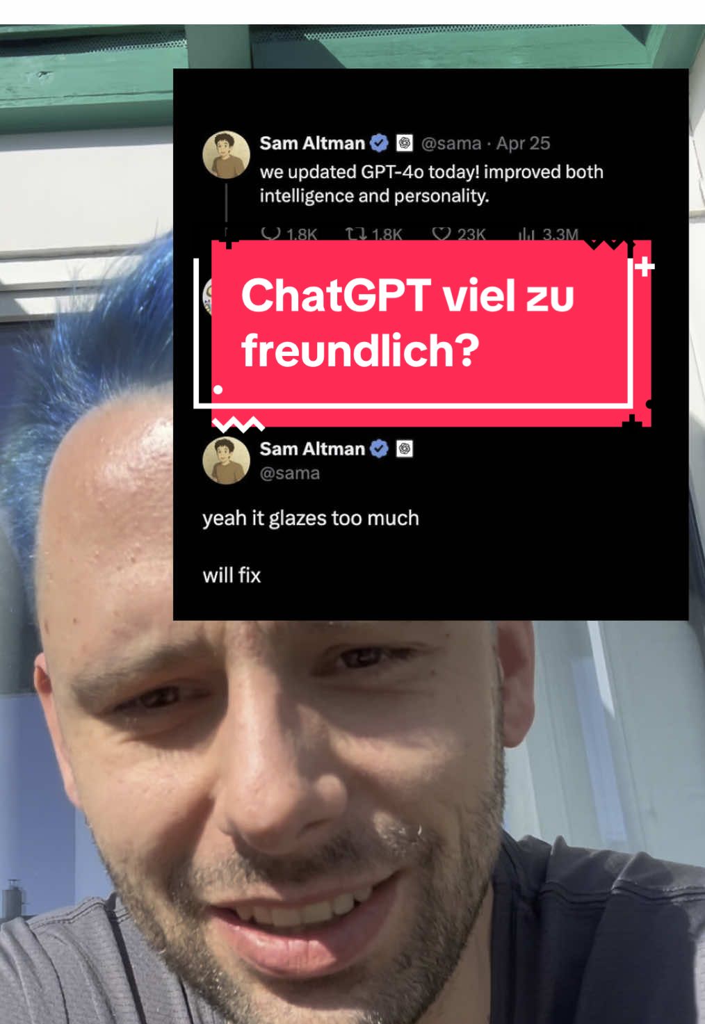 ChatGPT ist aktuell netter als jeder Mensch – und das ist kein Zufall! Habt ihr auch gemerkt, dass ChatGPT in letzter Zeit ultrafreundlich geworden ist? Teilweise schon so freundlich, dass es fast künstlich wirkt? Selbst OpenAI-CEO Sam Altman hat jetzt offiziell bestätigt: Ja, ChatGPT übertreibt aktuell mit der Freundlichkeit – und sie planen, das in einem der nächsten Updates wieder realistischer zu gestalten. In diesem Video spreche ich darüber: 	•	Warum ChatGPT plötzlich so höflich und freundlich wirkt 	•	Was OpenAI dazu sagt 	•	Und wann wir mit einer Änderung rechnen können Habt ihr die Veränderung auch bemerkt? Schreibt’s in die Kommentare! #ChatGPT #OpenAI #SamAltman #AI #AIEthics #KünstlicheIntelligenz #Chatbot #DeepLearning #AIUpdate #OpenAIUpdate 
