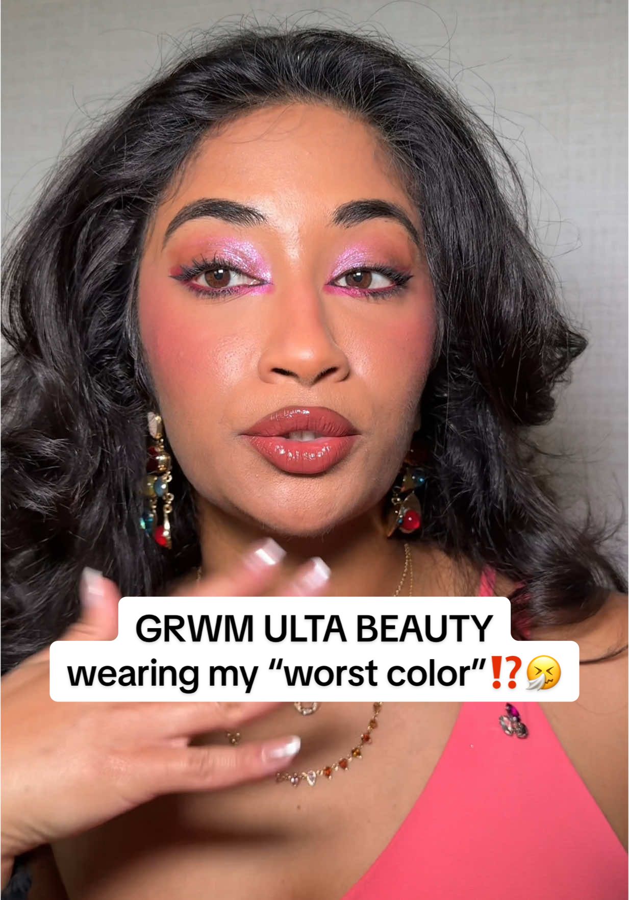 GRWM for an @Ulta Beauty brand dinner and to wear apparently my WORST color for my olive brown skin 😂  @Morphe Cosmetics corrector @Estée Lauder concealer @MOB Beauty blush, lipstick @LYS Beauty stick foundation @essence.cosmetics bronzer stick @Huda Beauty powder @maccosmetics lip liner @urban decay liquid eyeshadow @Maybelline NY eyeliner #grwm#coloranalysis#neonpink#browngirlmakeup#ultabeautyworld#ultabeauty#browngirl#makeupforbrownskin#grwmmakeup#colortheory #colortheorymakeup 
