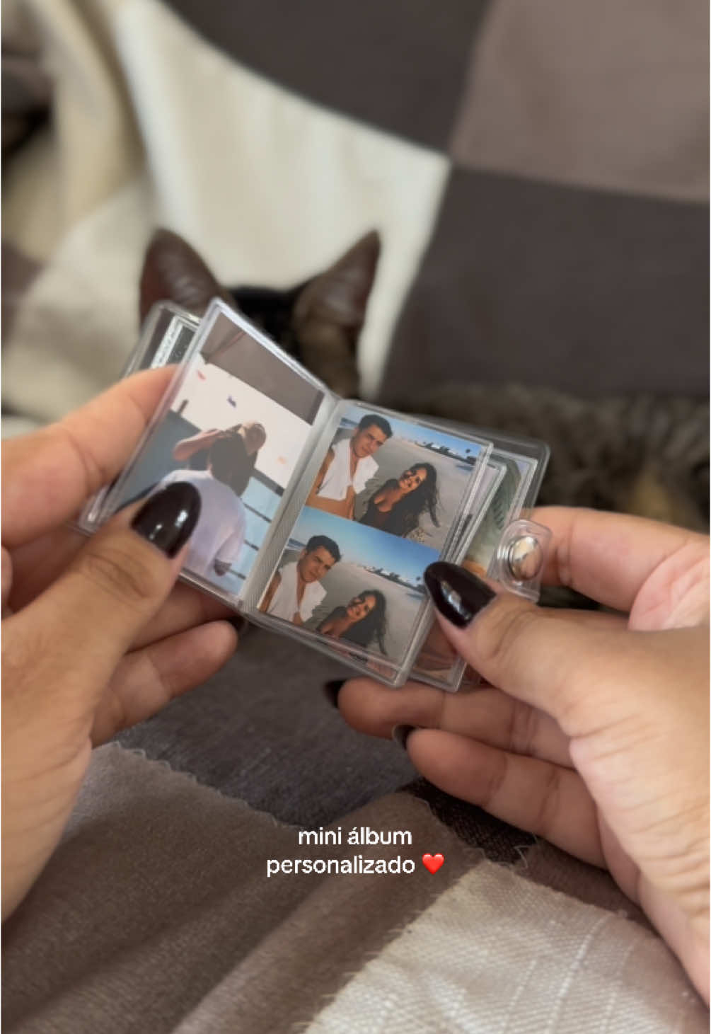 o gato de fundo hahah e eu querendo mostrar esse mini álbum personalizado lindo pra vocês ♥️ que pode ser usado como chaveiro! #diadosnamorados #diadosnamoradoschegando #gatos #gato #amoradistancia 
