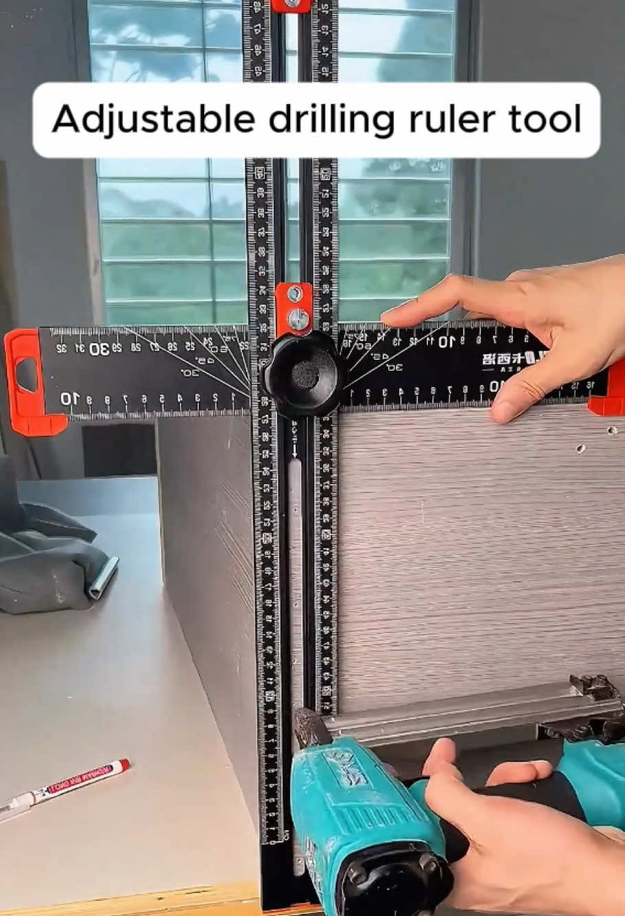 Sigerio 4 in 1 Adjutable 4 in 1 Drilling Positioning Ruler Tool, 14in T Square Ruler, Aluminum Alloy Cabinet Hardware Jig Tool for Woodworking