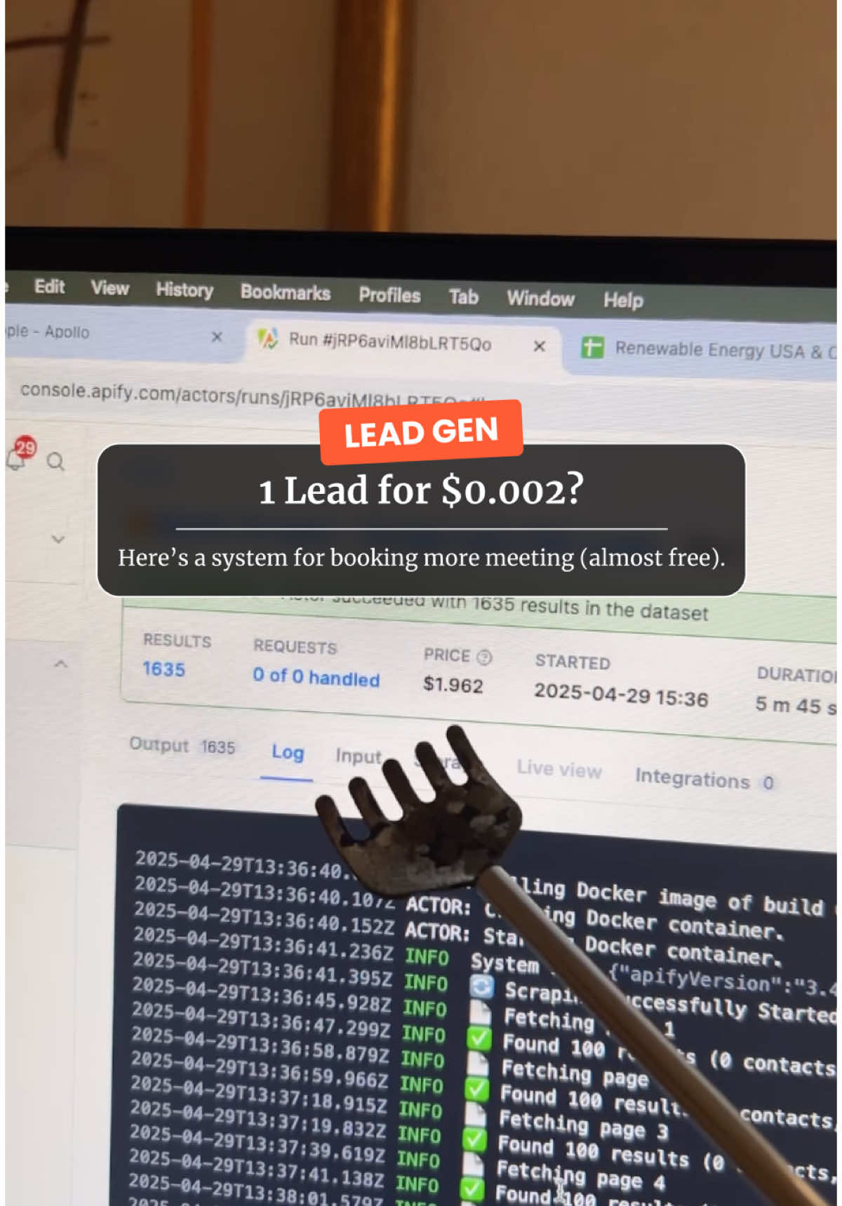 ROI potential is crazy 🤯 Here’s the toolset: 1. Apollo to find leads 2. Apify to excract the leads 3. Make.com to write a personalized icebreaker 4. Instantly to send the emails.  If you need more clients to fuel your agency, this is the way 🧘 #leadgeneration #coldemail #automation 