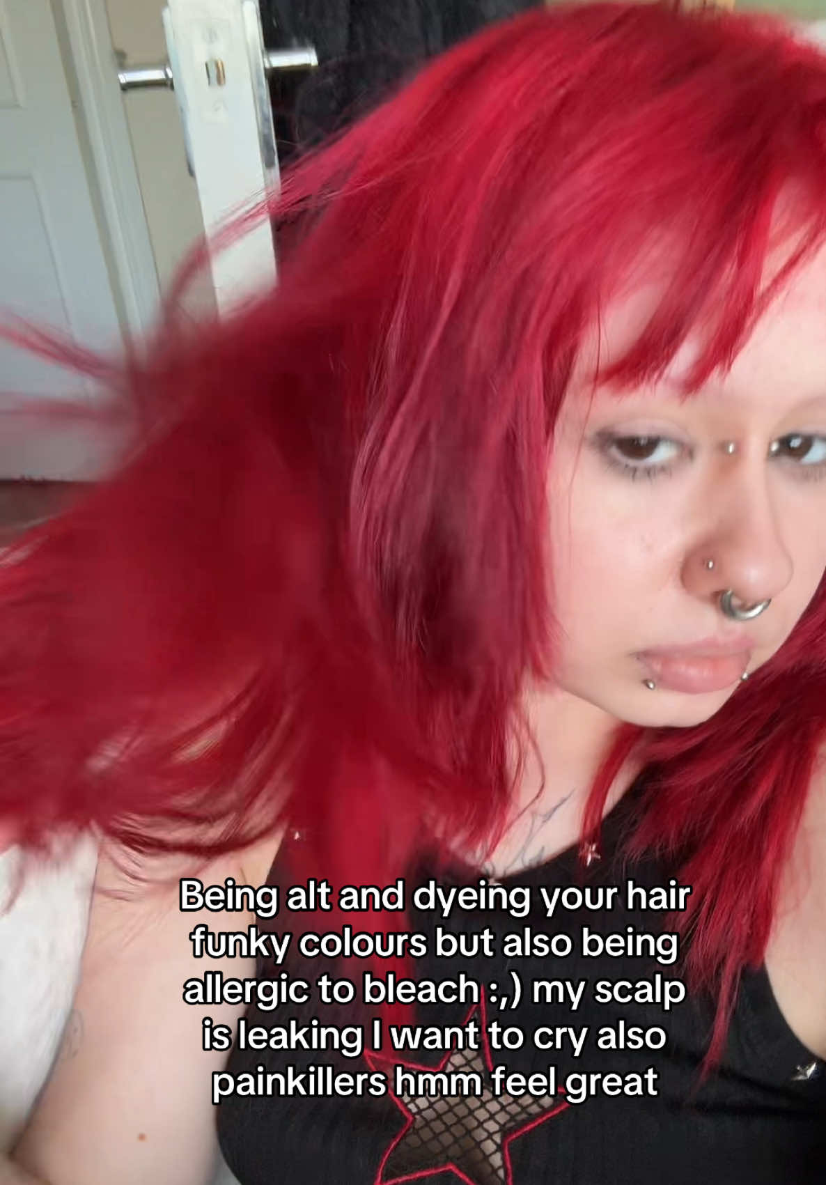 Haha imagine being allergic to bleach haha gonna sob fr  ✩ ✩ ✩ ✩ #pixie3ilyyy #xyzbca #fyp #fypシ #fypシ゚viral #alt #alttiktok #emo #gothic #altmakeup  #makeup  #moots? #relatable #tats #relatablecontent #makeuphacks #stretchedseptum #stretchedears #2g #piercing #piercinglovers #tattoo #tattooartist #tattoolover #makeuptut #redhair #redhairgirl #redhairdontcare #dyedhair #dyedhairdontcare 