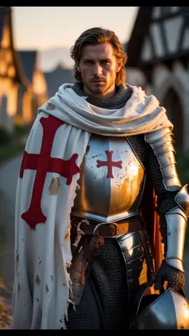 Un chevalier templier rentre chez lui après un long périple. Fatigué mais digne, il traverse son village baigné par la lumière dorée du soir. Une scène paisible et pleine de grandeur médiévale. #templier  #medievalvibes  #aestheti  #epicreturn🔥 