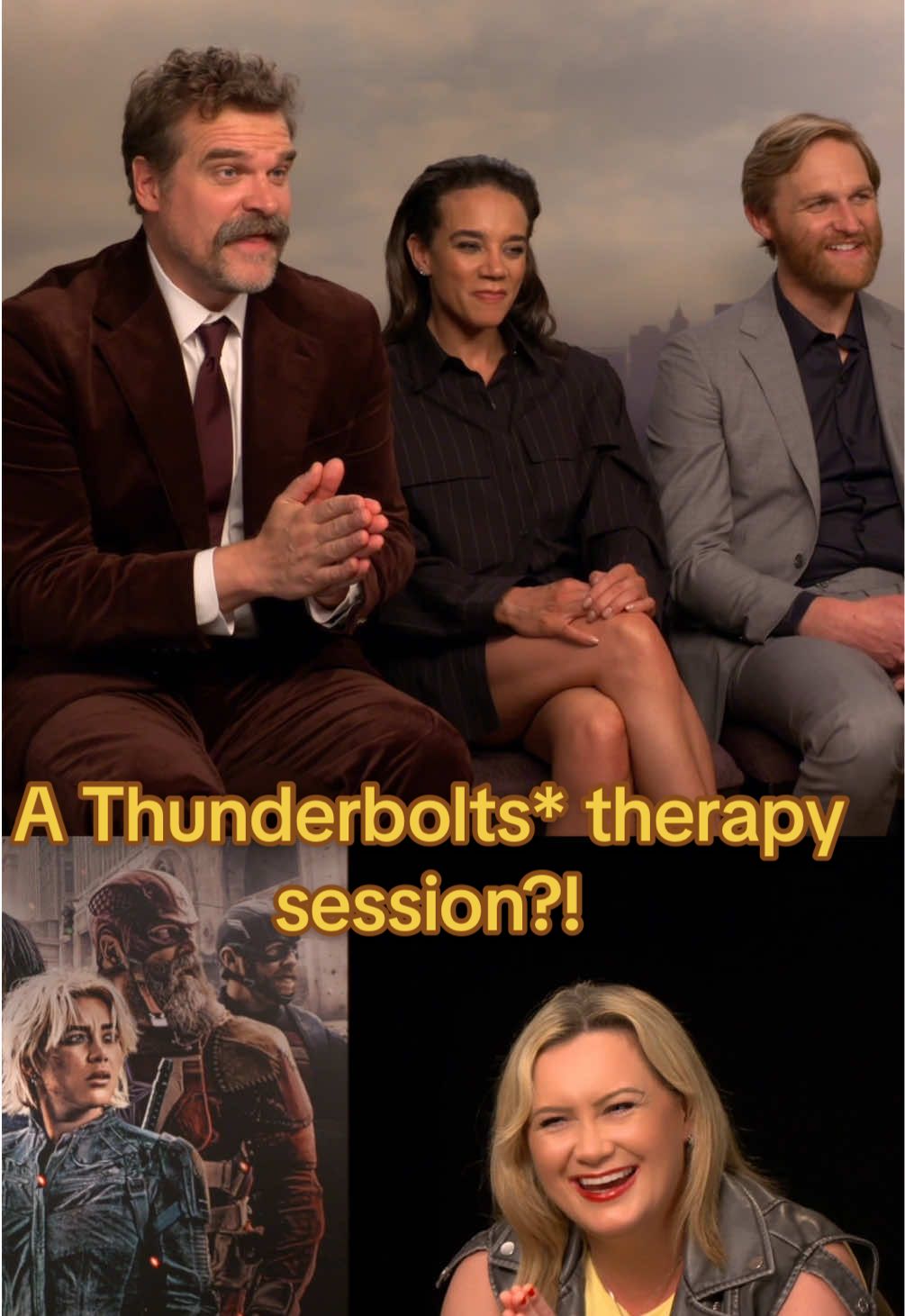 A wee Thunderbolts* therapy sesh 🙇🏼‍♀️⚡️💛 Because superheroes have feelings too 🦸‍♀️🥹 REALLY didn’t expect to cry at a Marvel movie OR for this chat to get so deep lol but here we are 👀🫶🏻 Who’s seeing the movie tomorrow? 🎬 #thunderbolts #thunderboltsmarvel  #marvelstudios #davidharbour #hannahjohnkamen #wyattrussell #filmtok #celebrityinterviewer #WhatToWatch @Marvel Entertainment @Disney UK @Disney Studios @Shoepool 