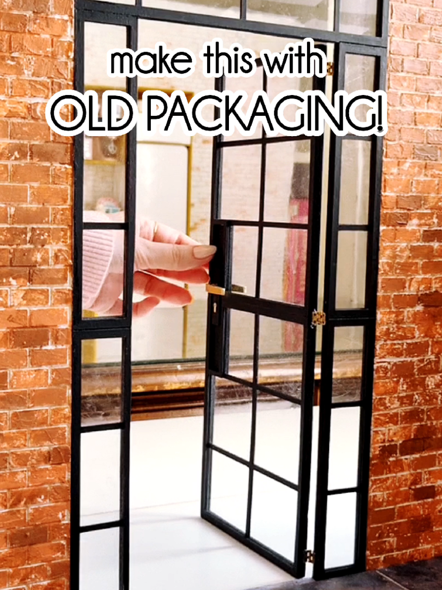 Old packaging + glue + an obsession with anything miniature = a working dollhouse French door. It's just simple math 🤷‍♀️ 👉 Full Tutorial + Free Template on my YT! ❤️ For more tutorials on how to make realistic dollhouse miniatures, dolls craft, and free resources, check out my page and follow to get notified of my new posts!  #dollhouse #diydollhouse #miniatures #diyminiatures #moderndollhouse #dailymini 