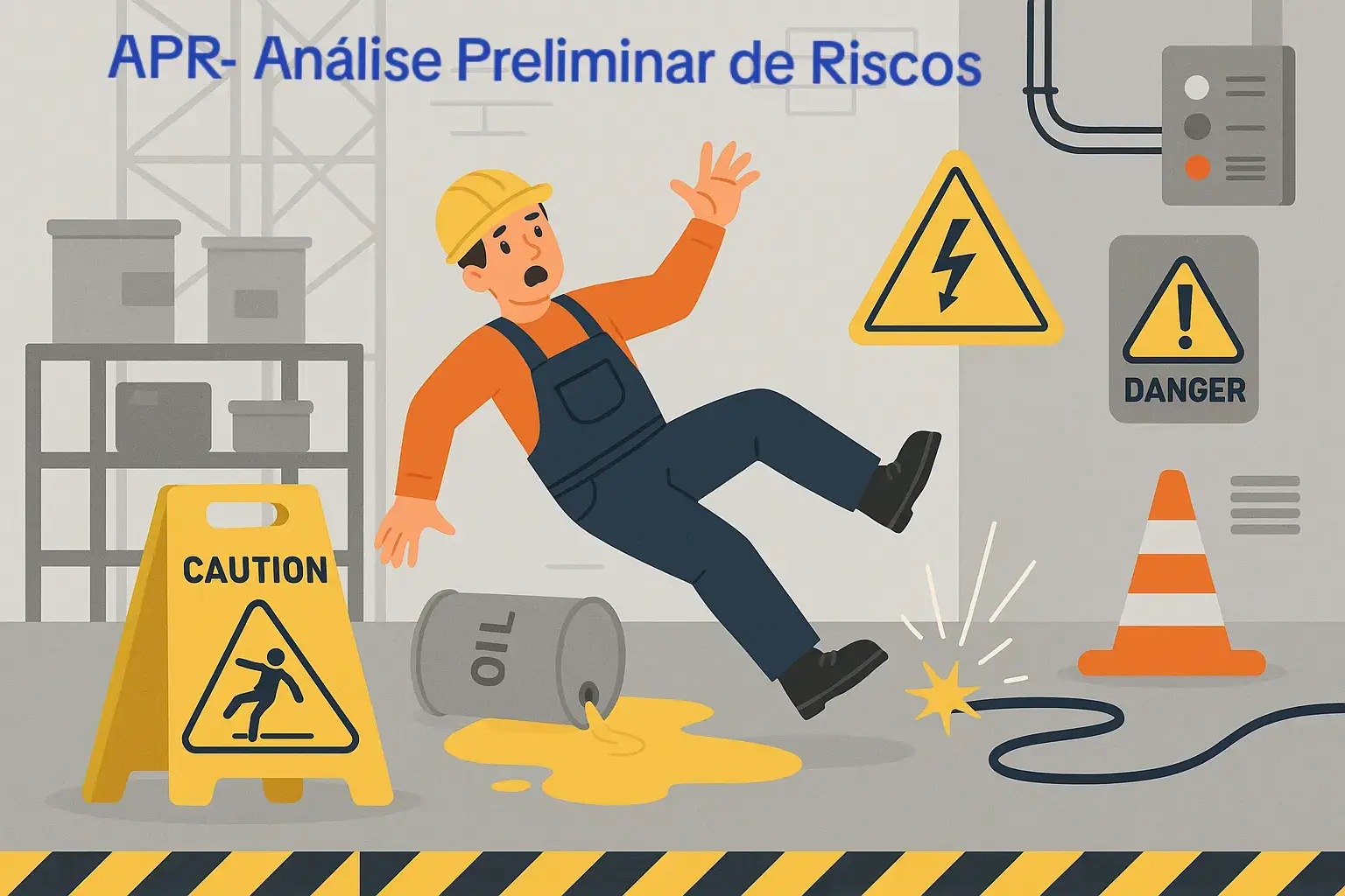 Análise Preliminar de Riscos (APR) – Situação Ilustrada Atividade: Manutenção em ambiente industrial Descrição da situação: Um trabalhador se encontra em uma área com diversos riscos: piso escorregadio por vazamento de óleo, cabos elétricos expostos com sinais de curto-circuito, proximidade de painéis elétricos e objetos de armazenamento ao fundo. Identificação de Riscos: Queda por escorregamento: Causa: óleo derramado no chão. Consequência: lesões como fraturas ou contusões. Choque elétrico: Causa: fios desencapados e faíscas próximas ao local de trabalho. Consequência: choque, queimaduras ou até morte. Risco de colisão ou queda de materiais: Causa: objetos empilhados em estantes sem proteção. Consequência: ferimentos causados por impacto. Medidas Preventivas Recomendadas: Isolar e sinalizar imediatamente a área com óleo. Fazer a limpeza do piso antes de continuar qualquer atividade. Inspecionar e desenergizar os equipamentos elétricos antes da aproximação. Utilizar Equipamentos de Proteção Individual (EPI) adequados: capacete, botas antiderrapantes, luvas isolantes. Verificar o armazenamento seguro de materiais em estantes. Responsáveis pela APR: Supervisor de segurança Trabalhador executante Técnico responsável pelo setor #APR #trabalhoseguro #tecnicoemsegurancadotrabalho 