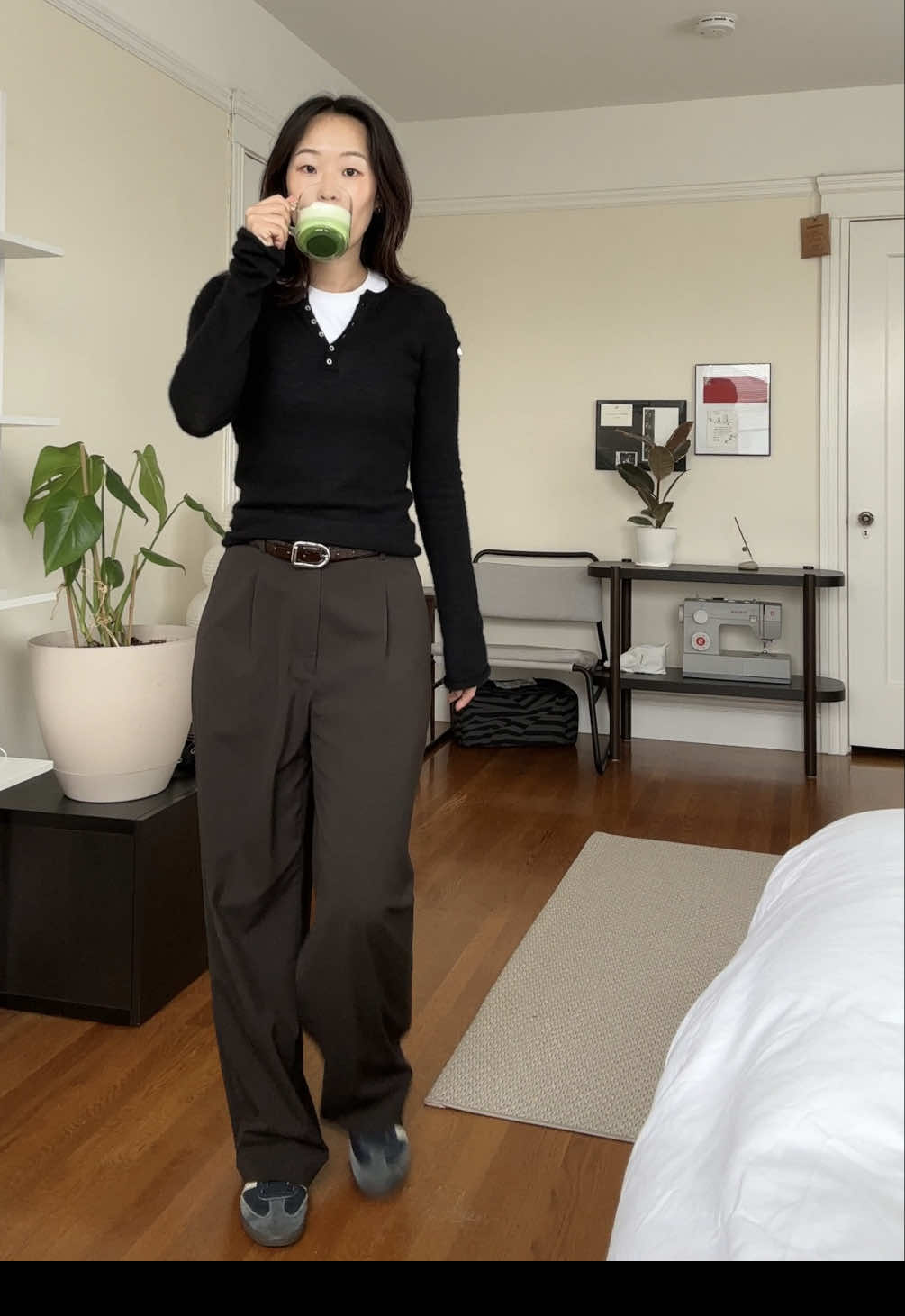 Recently discovered black + brown come together nicely in an outfit  @UNIQLO USA mini tee + trouser Joie cashmere henley top @Déhanche mija belt @adidas Samba #dailyoutfitinspo #cutespringoutfits #outfitideas  #layering #OOTD 