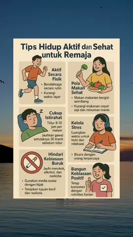 Berikut beberapa tips hidup aktif dan sehat yang cocok untuk remaja: 1. Aktif Secara Fisik - Berolahraga secara rutin Setidaknya 60 menit aktivitas fisik per hari, seperti bersepeda, berenang, jalan cepat, atau bermain olahraga. - Kurangi waktu layar Batasi waktu di depan gadget untuk aktivitas pasif (seperti menonton atau bermain game) maksimal 2 jam per hari. 2. Pola Makan Sehat - Makan makanan bergizi seimbang Perbanyak buah, sayur, biji-bijian, dan protein sehat. - Kurangi makanan cepat saji dan minuman manis. - Sarapan setiap hari agar energi cukup untuk beraktivitas dan belajar. 3. Cukup Istirahat - Tidur 8–10 jam per malam untuk mendukung pertumbuhan dan fungsi otak yang optimal. - Jauhkan gawai setidaknya 30 menit sebelum tidur. 4. Kelola Stres - Luangkan waktu untuk hobi dan relaksasi seperti membaca, menggambar, atau mendengarkan musik. - Bicara dengan orang terpercaya jika merasa cemas, stres, atau sedih. 5. Hindari Kebiasaan Buruk - Jauhi merokok, alkohol, dan narkoba. - Gunakan media sosial dengan bijak dan jangan membandingkan diri secara berlebihan. 6.Bangun Kebiasaan Positif - Tetap konsisten dengan rutinitas harian. - Tetapkan tujuan kecil dan realistis (misalnya: minum cukup air, lari 10 menit sehari). #tinggibadan #peninggibadan #polahidupsehat 