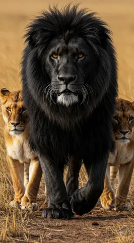 Live Wallpaper: The Colossal Black Lion and Lionesses of the Golden Savanna Imagine a colossal black lion with wild, silky, messy fur, snarling in an epic pose as he walks imposingly across the savanna, flanked by two majestic lionesses. Their large, perfect eyes shine with vibrant color, commanding attention and respect. Each has a voluminous, untamed coat accentuating flawless, muscular anatomy, with every detail rendered in photorealistic precision. Perfectly sculpted, powerful paws grip the sunlit earth, exuding raw strength and unity. Their epic, imposing stance radiates wild majesty and dominance in the golden savanna landscape. #ColossalLion #Lionesses #SavannaMajesty #PixVerse #LiveWallpaper