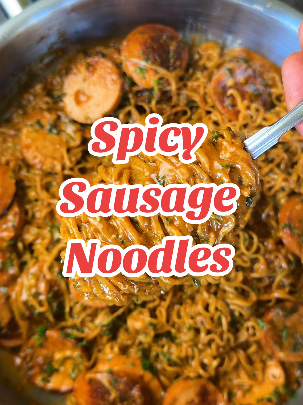 Spicy Garlic & Sausage Noodles🌶️ Looking for a spicy meal? Here’s an amazing spicy and comforting noodles recipe!🔥 The perfect mix between classic asian style noodles and the comfort of Parmesan and cream cheese, it’s just divine✨ You have to try it!  Choose your favorite sausage, adjust spiciness to your liking and enjoy this delicious meal😍 Ingredients: 1.5 lb sausage 2 packs of ramen noodles  1 tsp olive oil 2 tbsp unsalted butter 1 tsp minced garlic 2 tsp hoisin* 2 tsp soy sauce 1 tsp of Gochujang 1/4 cup heavy cream 1/4 cup fresh chopped parsley 1/4 cup shredded Parmesan cheese Toasted sesame seeds (optional) The full recipe with all the instructions is in our Ultimate Pasta Cookbook, the link is in our bio📝 We hope you enjoy, bon appétit❤️ *there’s a little mistake in the book, it’s written « hoison » but it’s hoisin!  #noodles #spicy #sausage #delicious #foodies #fyp 