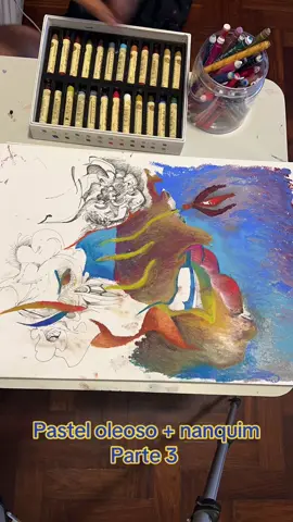 Parte 3 da pintura com pastel oleoso e nanquim sobre papel A3  Tem sido uma boa experimentação com os materiais. Num próximo vídeo falo das marcas de pastel usadas 