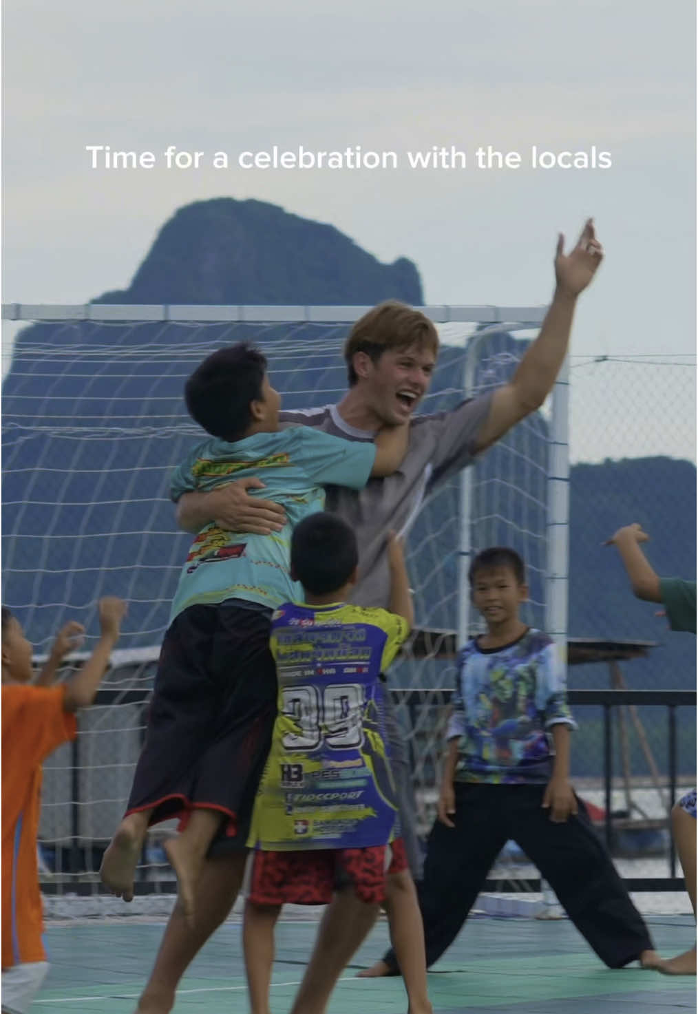 Playing soccer on a floating football field in Thailand. #football #Soccer #fyp #fun #travel 