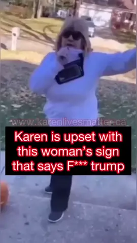 Karen is upset that this woman’s sign has profanity and doesn’t align with her political views… 🙄