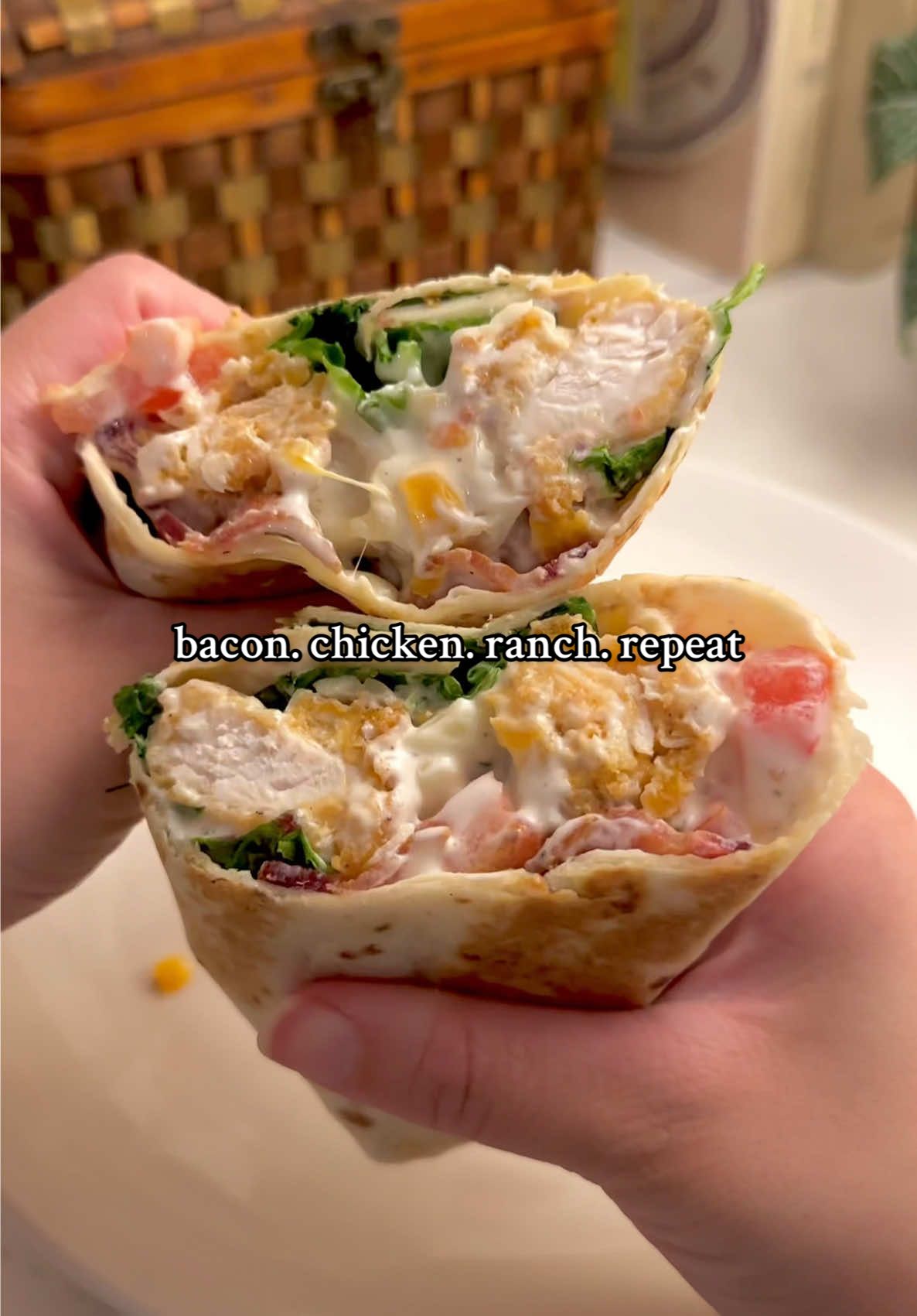 bacon chicken ranch wrap = my lazy girl lunch go-to 🤎 Ingredients: 2 strips of bacon 5 chicken nuggets 1 romaine leaf Chopped tomato Shredded cheese of choice Ranch dressing #EasyRecipes, #lazymeals, #wraptok, #chickenrecipes, #baconwrap, #ranchlover, #tiktokfoodie, #quicklunch, #viralrecipes, #trendingfood 