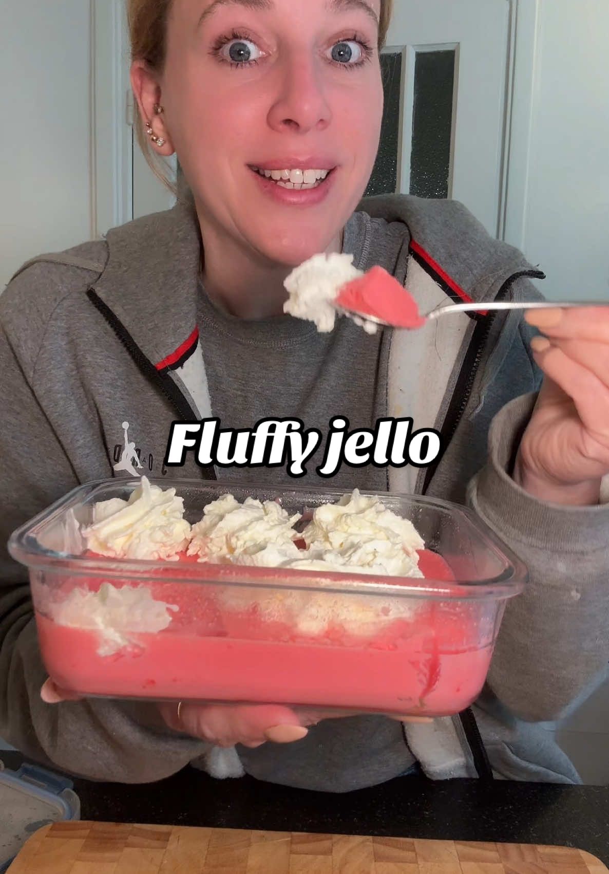 A fun twist on jello!  1 package SF jello (any flavor) 1 cup boiling water 1 cup Greek yogurt (any kind)  Add SF whipped topping and some fresh fruit!! 140 cals~25g protein  #fluffyjello #jello #dessert #healthydessert #sweetooth #easydessert #proteindessert #satisfying 