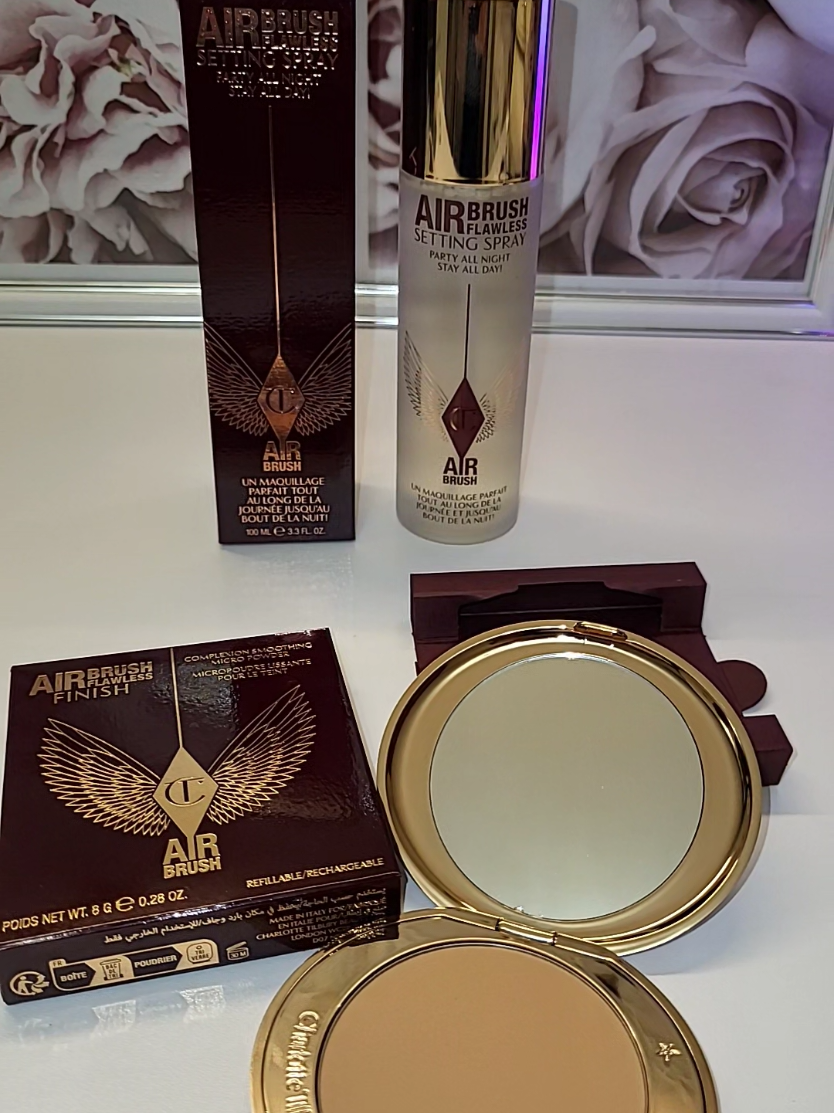@Charlotte Tilbury 🎀🩷 Air Brush Flawless Finish Complexion Smoothing Micro Powder nr. 3 Tan and 🩷🎀Air Brush Flawless Setting Spray. 🎀🩷@De Bijenkorf Official  #charlottetilburymakeup #flawless #flawlessfinish #makeup #viral #fyp #voorjouwpagina #viralvideos #iamjustagirl #quality 