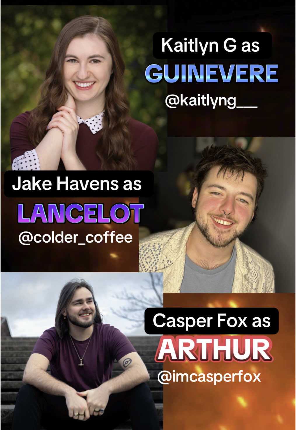 THE TRIO HAS ARRIVED 🔥 Guinevere, Lancelot, and Arthur — the tangled hearts at the center of Fated the Musical. Introducing @Kaitlyn G as Guinevere, @Jake Havens Lancelot, and @Casper Fox as Arthur! This cast is unreal — and this is only the beginning. ⚔️💔 #FatedTheMusical #musicaltheatre #kingarthur #guinevere #lancelot #rock #newmusical 