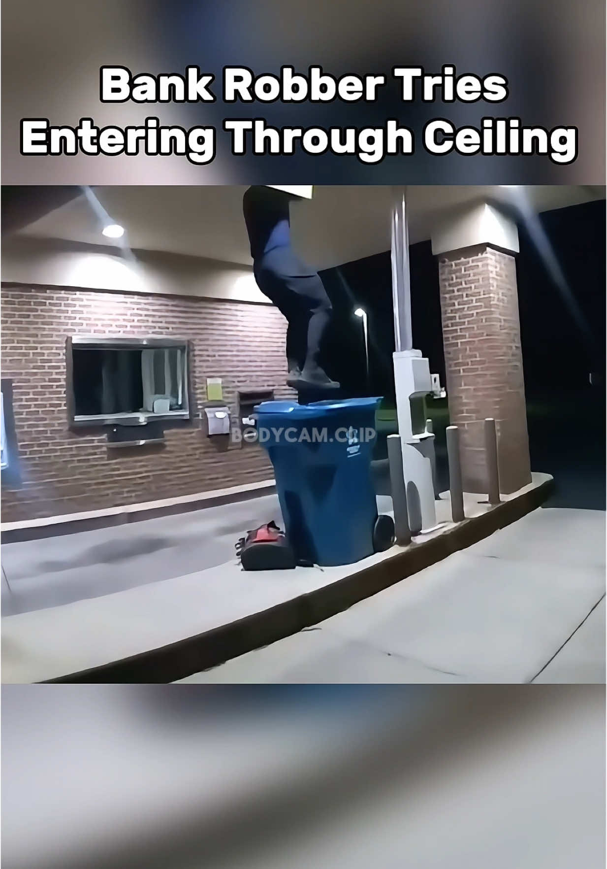 A bank robber was caught in the ceiling of a banks drive thru trying to enter into the bank to collect money. Officers arrive to the man trying to get out through a recycling can. The man immediately surrendered after realizing his defeat. Do you think he got into the bank? #bodycamera #fypツ #copcam #bankrobber 