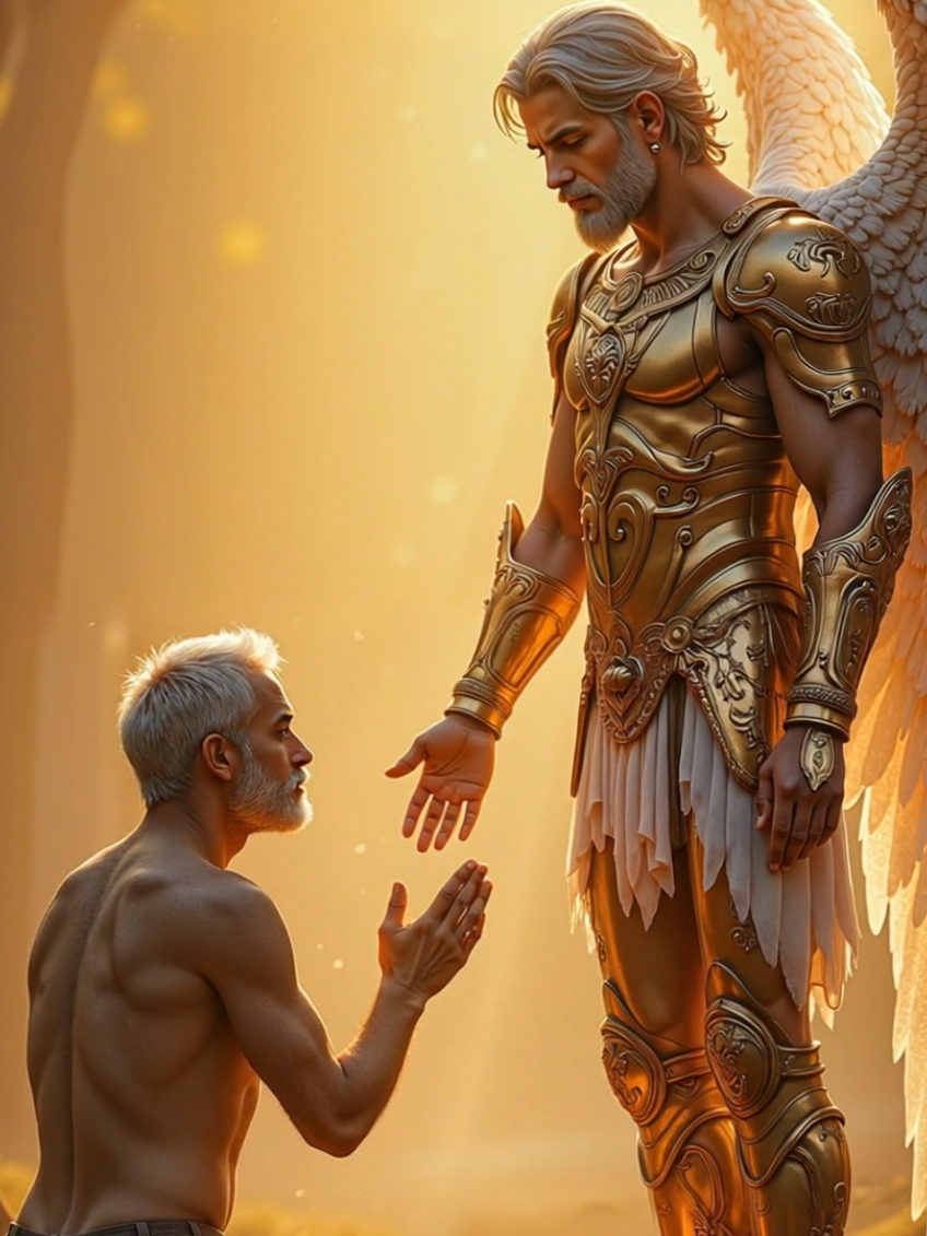He had lost all hope…   But in his darkest hour, light reached out to him.   An angel knelt before him, not to judge—   but to lift him.   A moment of grace, where heaven touched earth. #guardianangel #divinehelp #faithmoment #healinglight #spiritualawakening #heavenlyscene #goldenarmor #epicangel #foryou #foryoupage #reelsviral #fyp #amen 